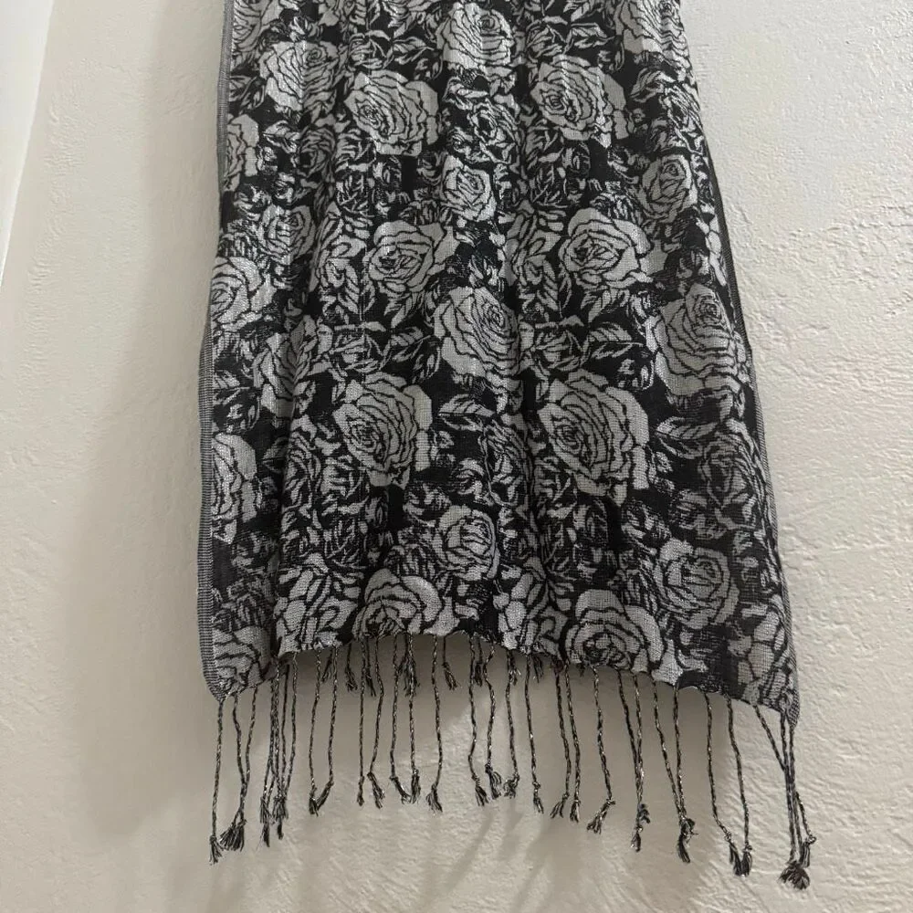 Silver Metallic Black & White Rose Scarf